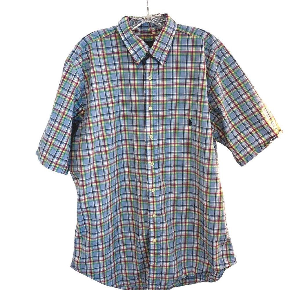 Ralph Lauren Plaid Button Down Shirt Mens Large Blue Short Sleeve Tall - Picture 3 of 9